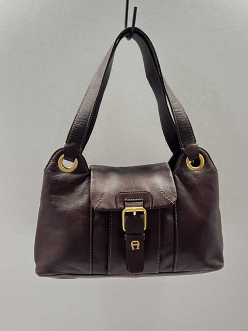 Classic Dark Brown Leather Shoulder Bag with Gold Hardware